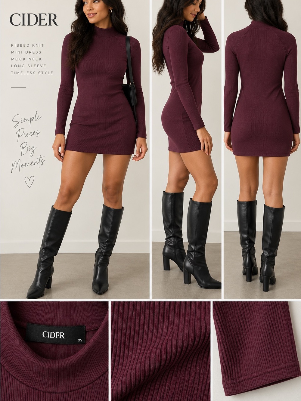 Cider Burgundy Ribbed Mini Dress Sz XS | Mock Neck Long Sleeve